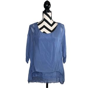 Le Marais Paris Sz L 100% Silk Layered Sheer Blue Blouse
